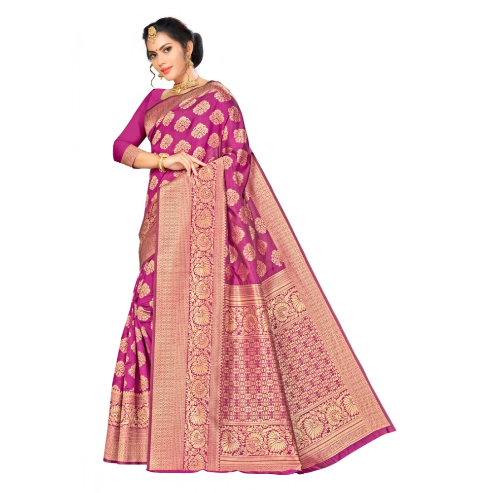 Generic Women's Banarasi silk Saree with Blouse (Wine, 5-6mtr) - Image 2