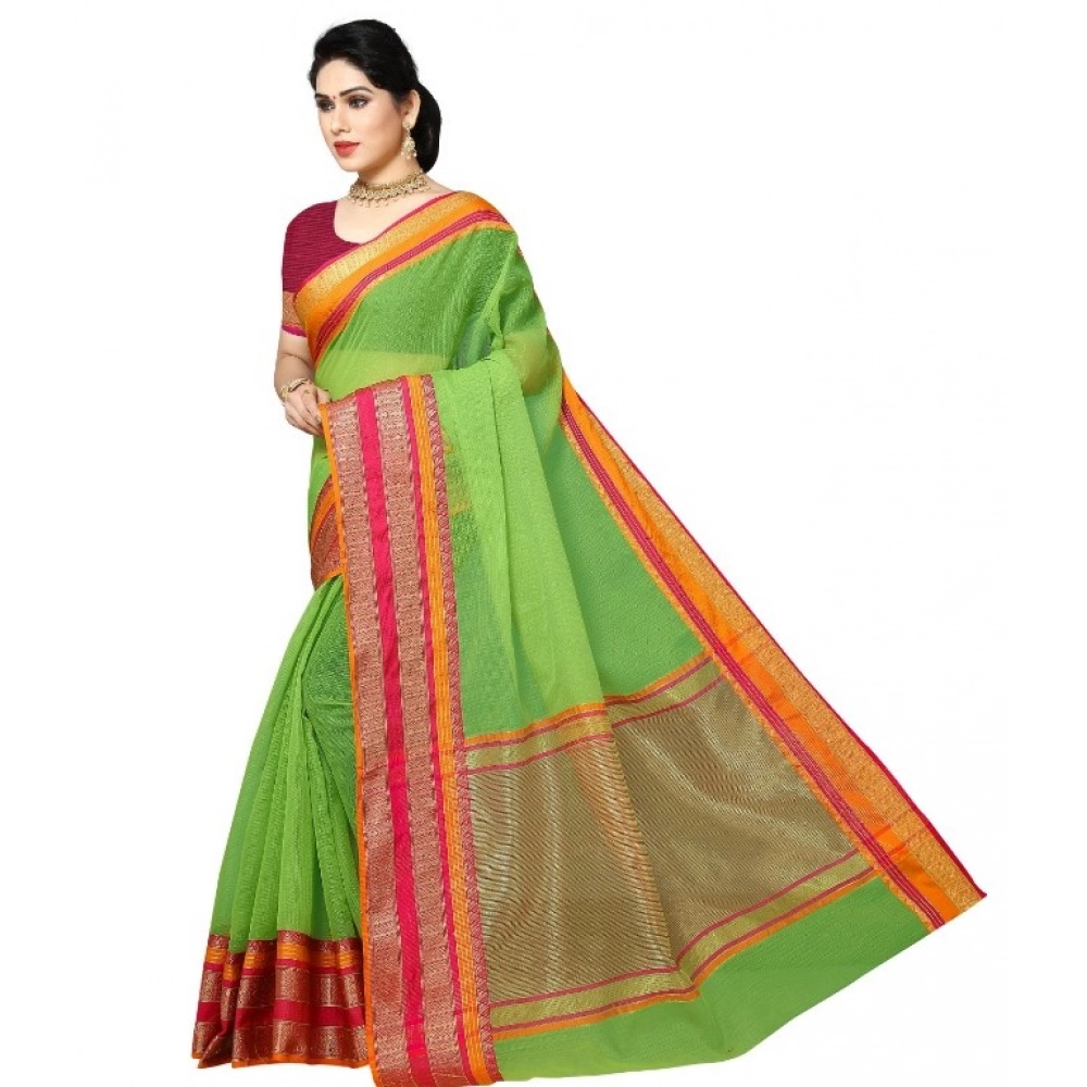 Generic Women's Kota Doria Cotton Border Saree With Blouse (Light Green, 5-6 Mtrs) - Image 4