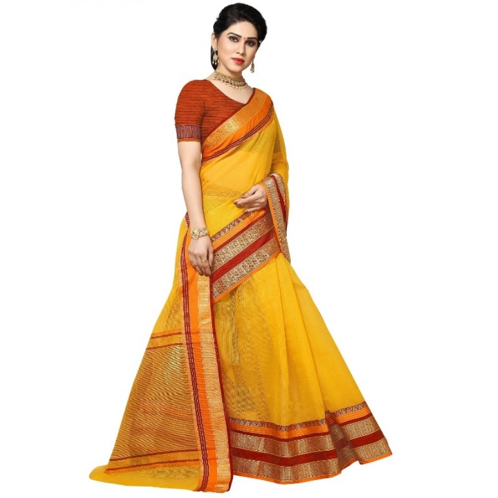 Generic Women's Kota Doria Cotton Border Saree With Blouse (Yellow, 5-6 Mtrs) - Image 2