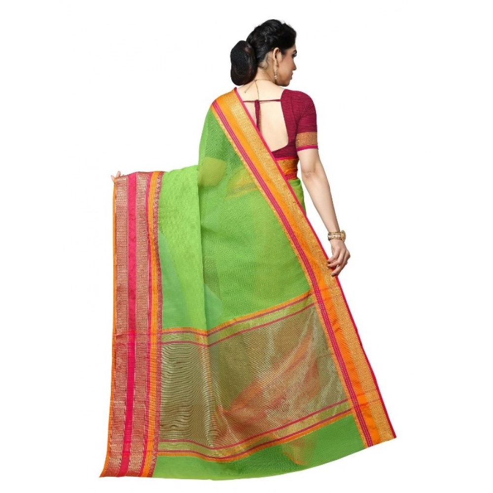 Generic Women's Kota Doria Cotton Border Saree With Blouse (Light Green, 5-6 Mtrs) - Image 2