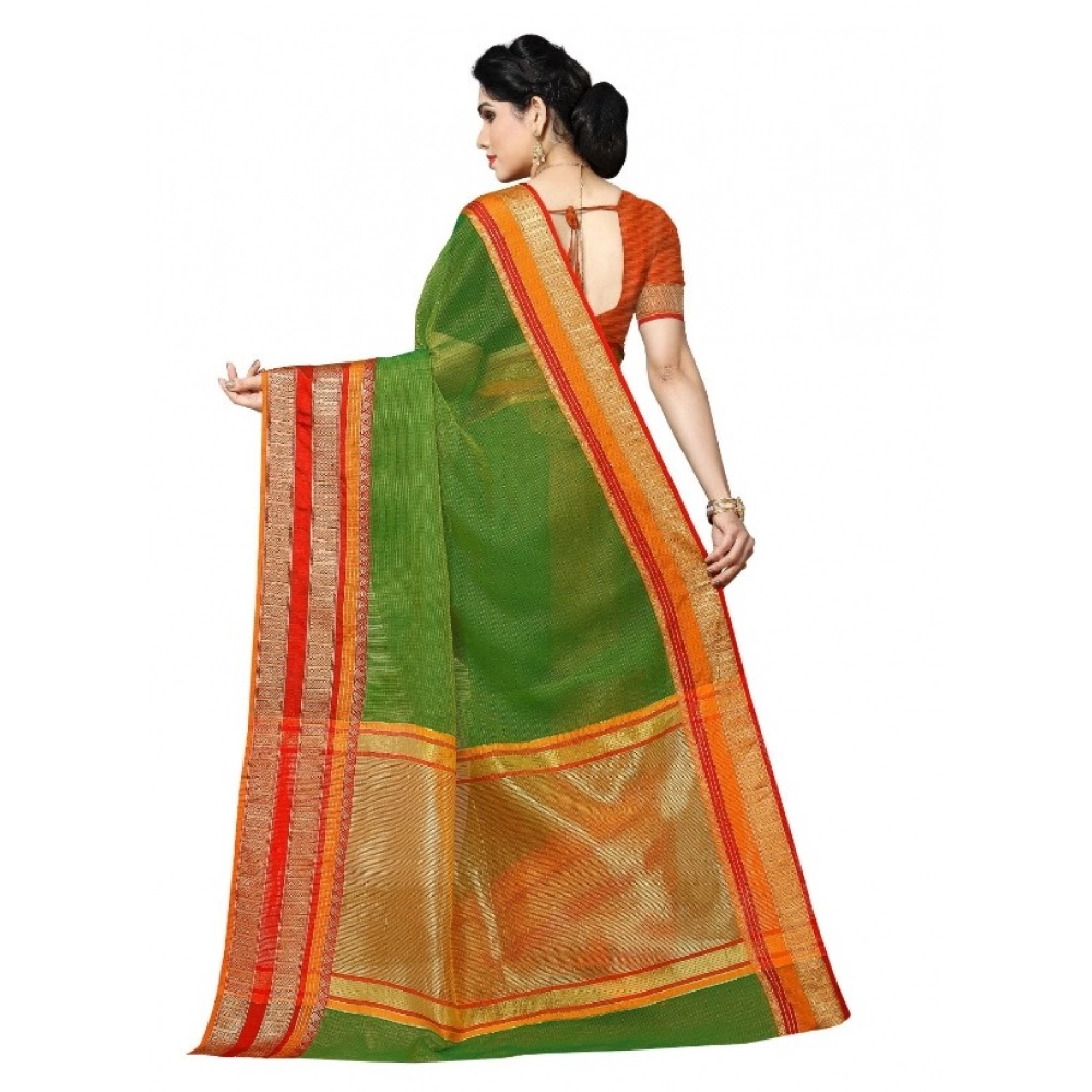 Generic Women's Kota Doria Cotton Border Saree With Blouse (Green, 5-6 Mtrs) - Image 2