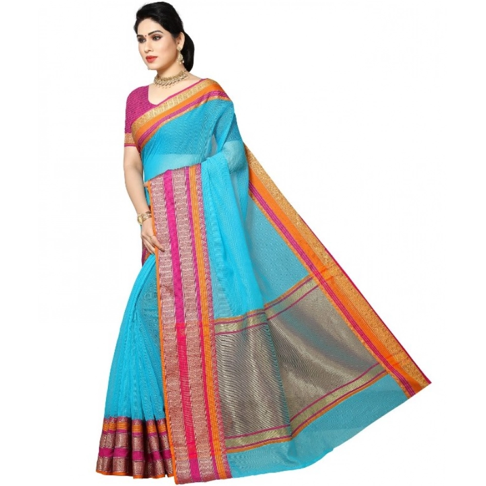 Generic Women's Kota Doria Cotton Border Saree With Blouse (Sky Blue, 5-6 Mtrs) - Image 4