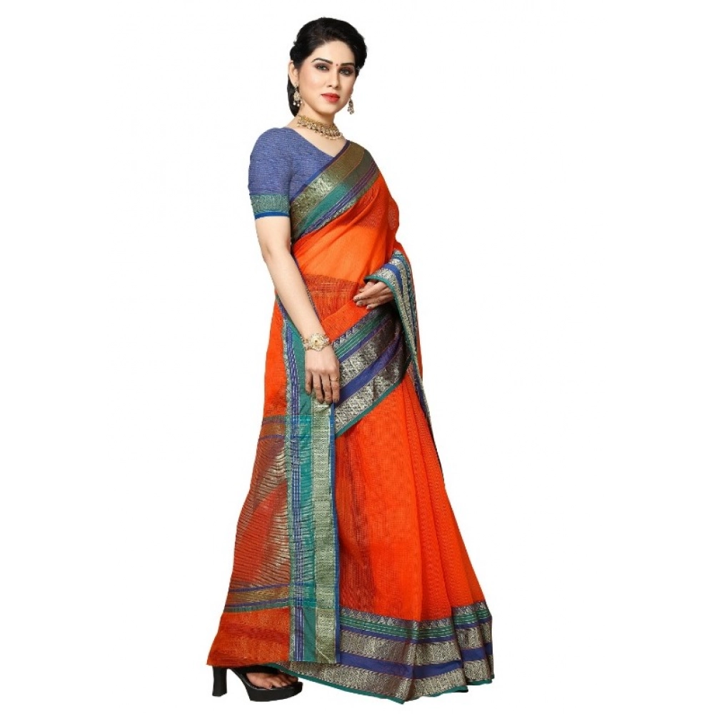Generic Women's Kota Doria Cotton Border Saree With Blouse (Fanta, 5-6 Mtrs) - Image 4
