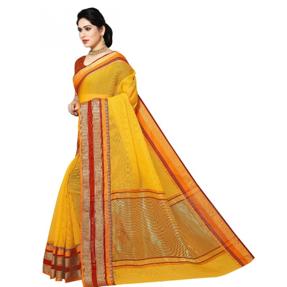 Generic Women's Kota Doria Cotton Border Saree With Blouse (Yellow, 5-6 Mtrs) - Image 4