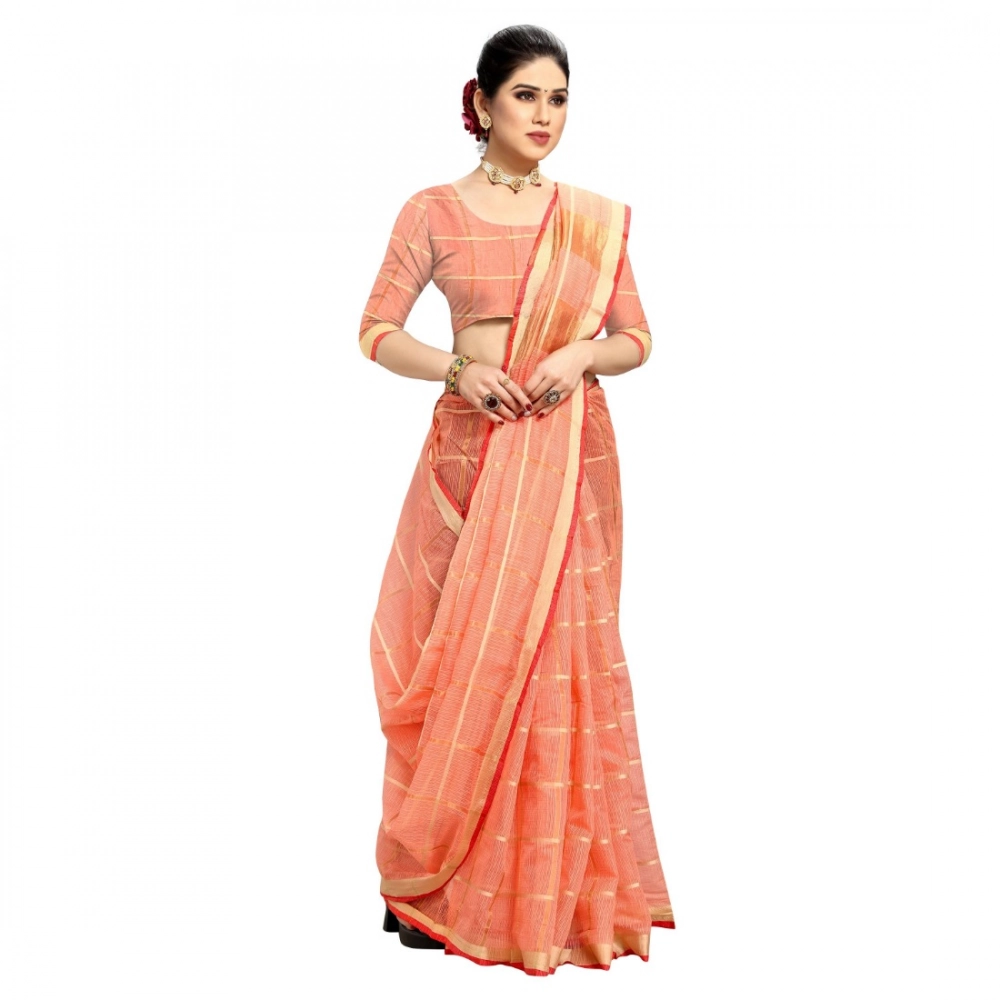 Generic Women's Kota Doria Cotton Checked Saree With Blouse (Peach, 5-6 Mtrs) - Image 4