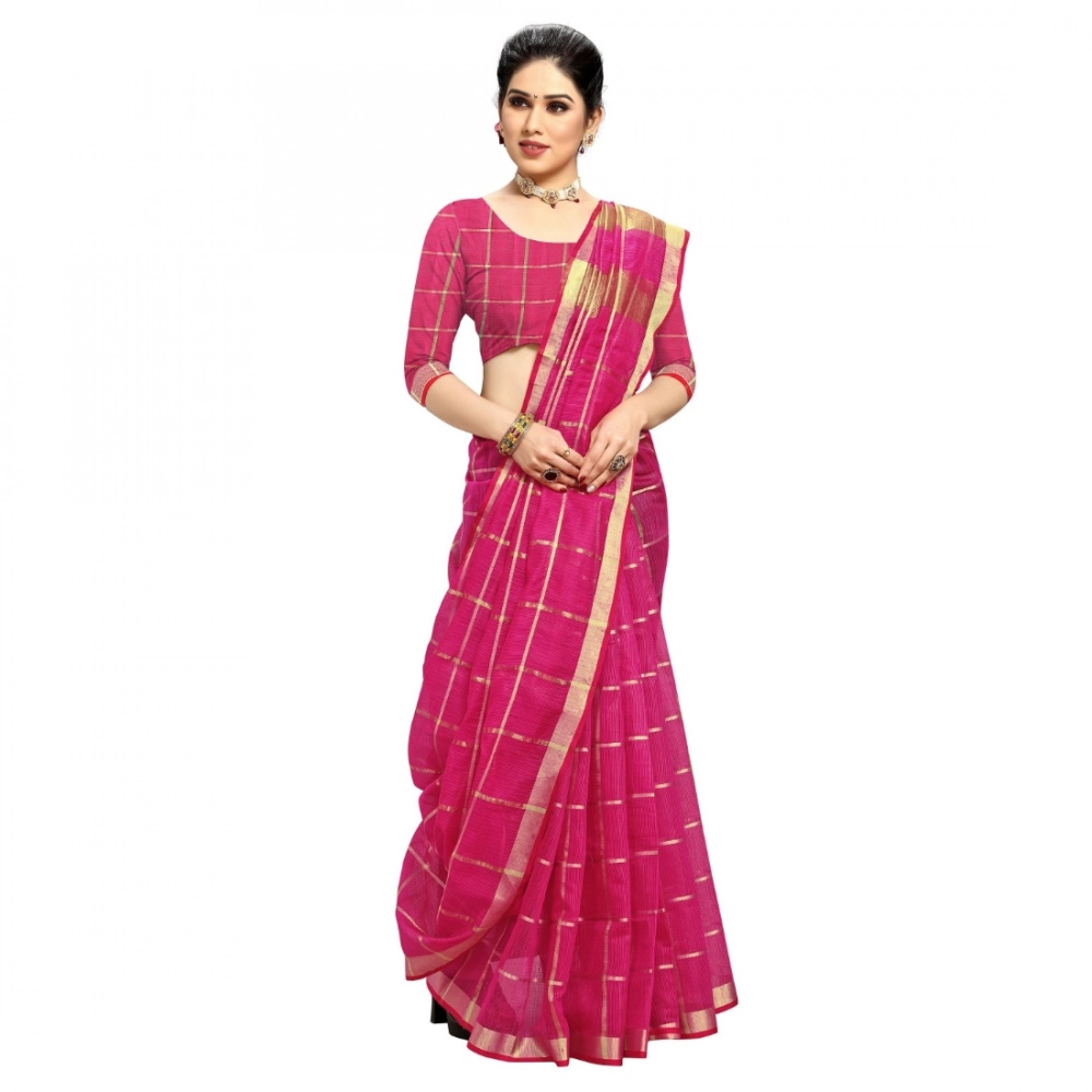 Generic Women's Kota Doria Cotton Checked Saree With Blouse (Rani, 5-6 Mtrs) - Image 4