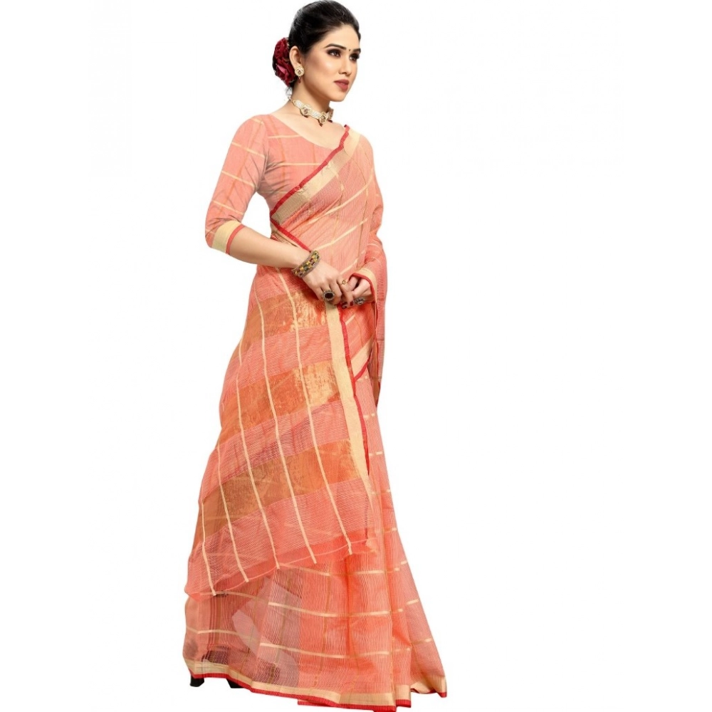 Generic Women's Kota Doria Cotton Checked Saree With Blouse (Peach, 5-6 Mtrs) - Image 2