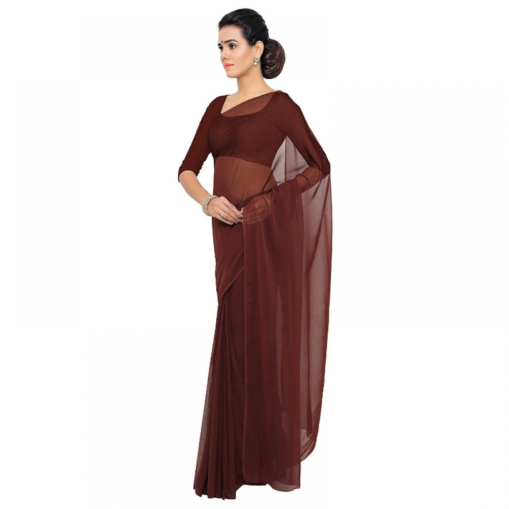 Generic Women's Georgette Plain Saree With Blouse (Coffee, 5-6 Mtrs) - Image 3