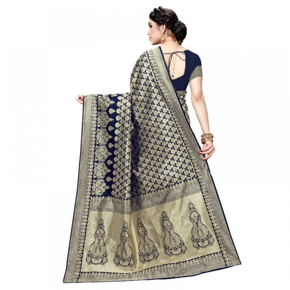 Generic Women's Jacquard Silk Kanjivaram Jacquard Silk Saree With Blouse (Navy Blue, 5-6 Mtrs) - Image 5