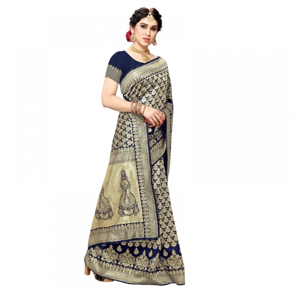 Generic Women's Jacquard Silk Kanjivaram Jacquard Silk Saree With Blouse (Navy Blue, 5-6 Mtrs) - Image 4