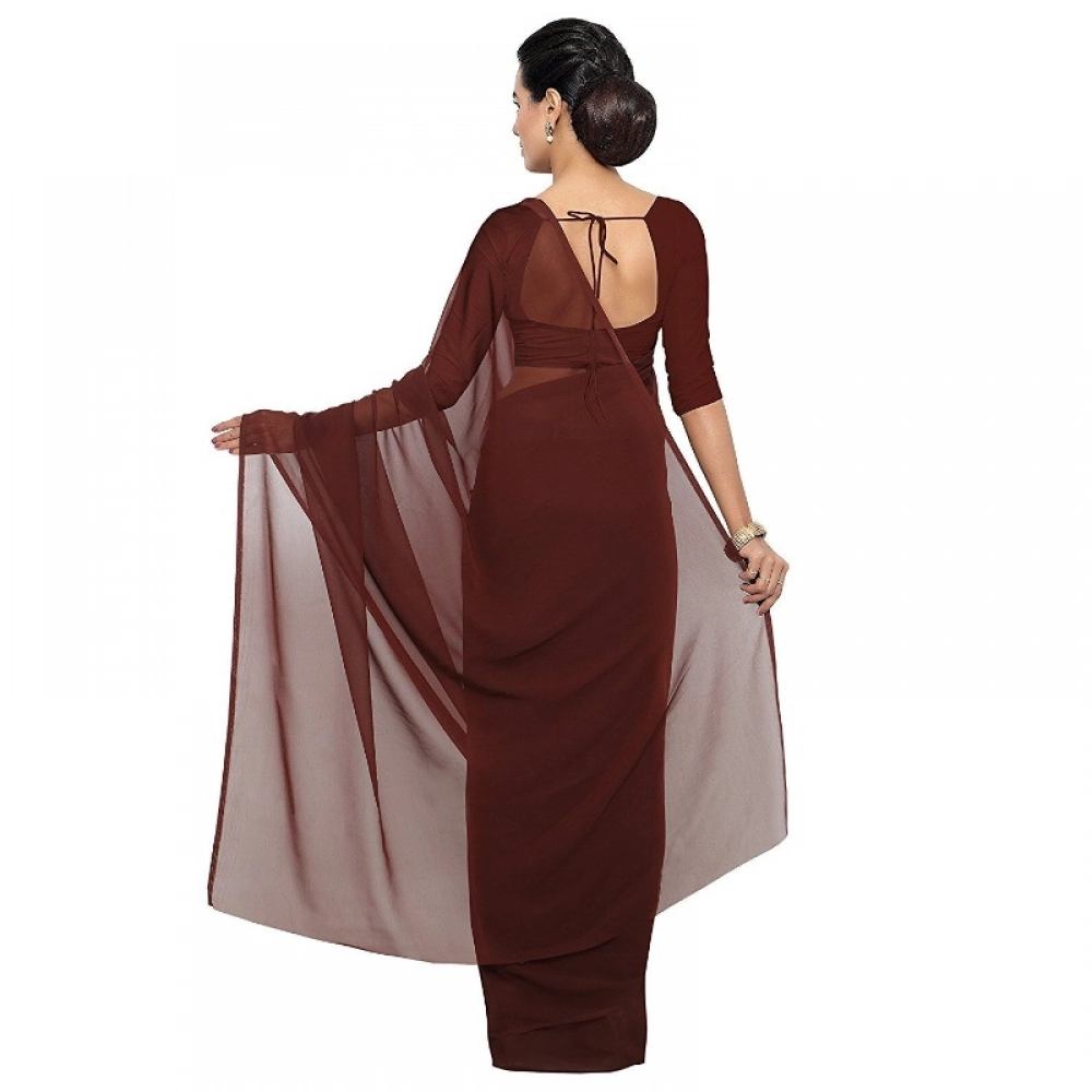 Generic Women's Georgette Plain Saree With Blouse (Coffee, 5-6 Mtrs) - Image 2