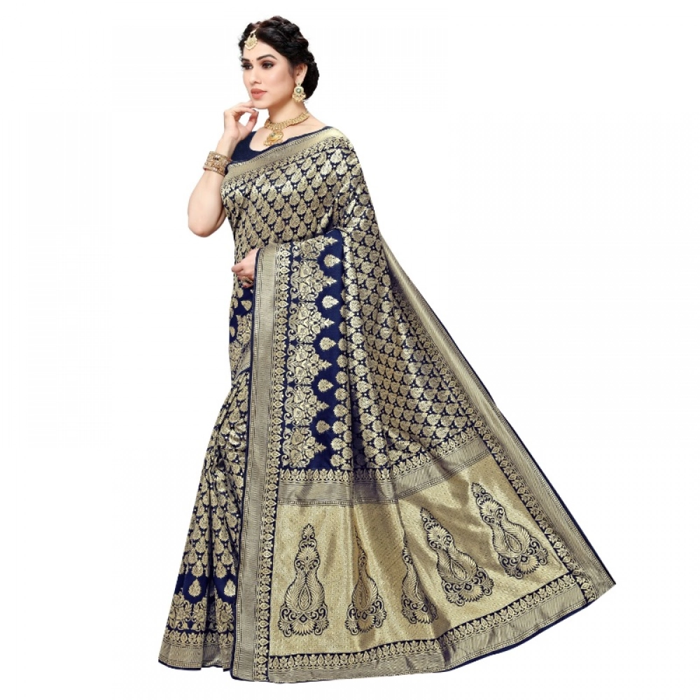 Generic Women's Jacquard Silk Kanjivaram Jacquard Silk Saree With Blouse (Navy Blue, 5-6 Mtrs) - Image 3