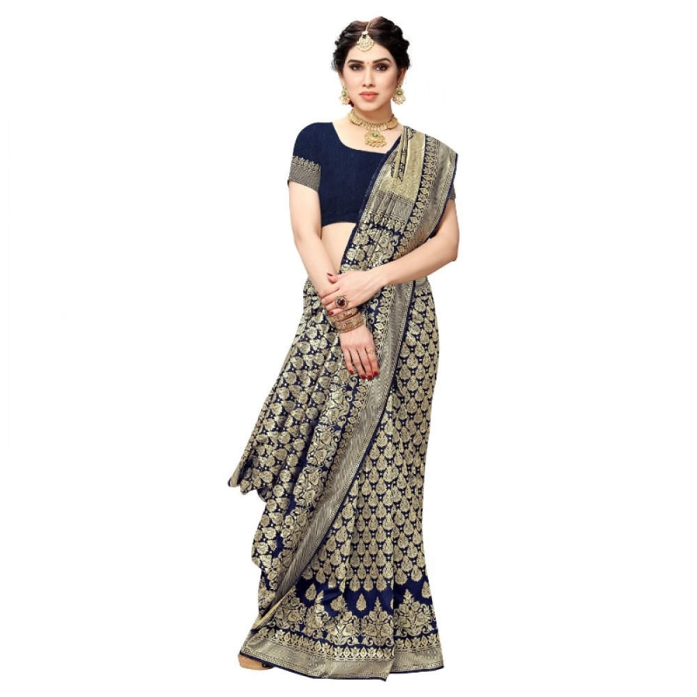 Generic Women's Jacquard Silk Kanjivaram Jacquard Silk Saree With Blouse (Navy Blue, 5-6 Mtrs) - Image 2