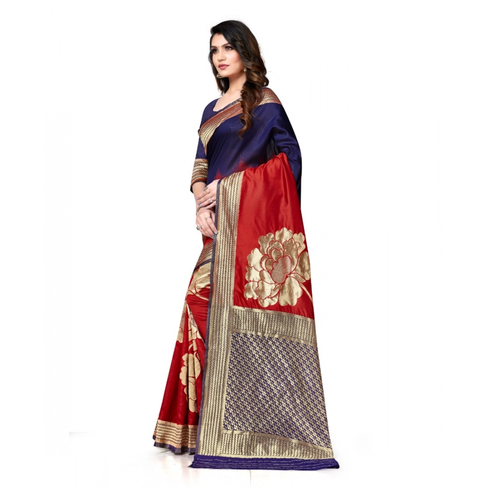 Generic Women's Banarasi Silk Saree With Blouse (Navy Blue, Red, 5-6Mtrs) - Image 2
