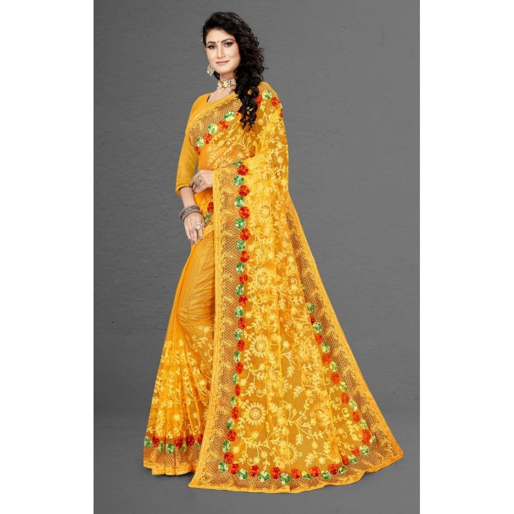 Generic Women's Net Saree With Blouse (Yellow, 5-6Mtrs) - Image 3