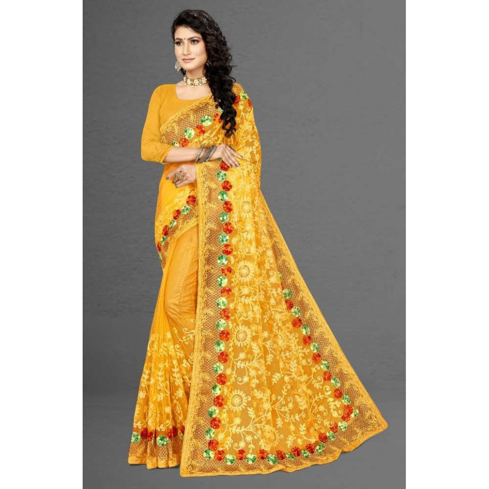 Generic Women's Net Saree With Blouse (Yellow, 5-6Mtrs) - Image 2