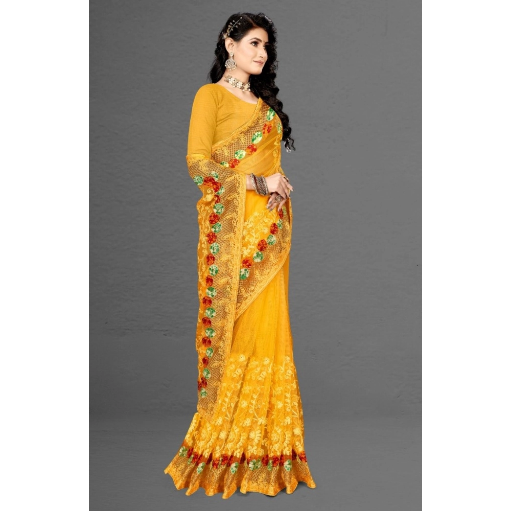 Generic Women's Net Saree With Blouse (Yellow, 5-6Mtrs) - Image 4