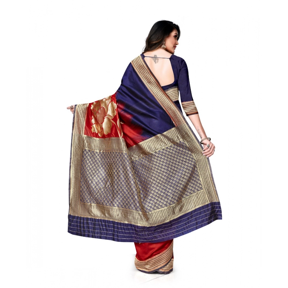 Generic Women's Banarasi Silk Saree With Blouse (Navy Blue, Red, 5-6Mtrs) - Image 4