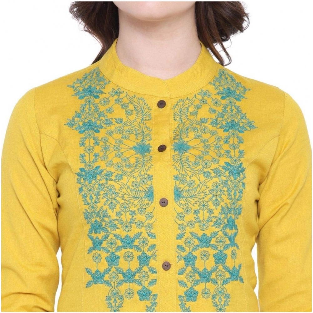 Generic Women's Khadi Embroidered Kurti (Yellow, Khadi) - Image 6