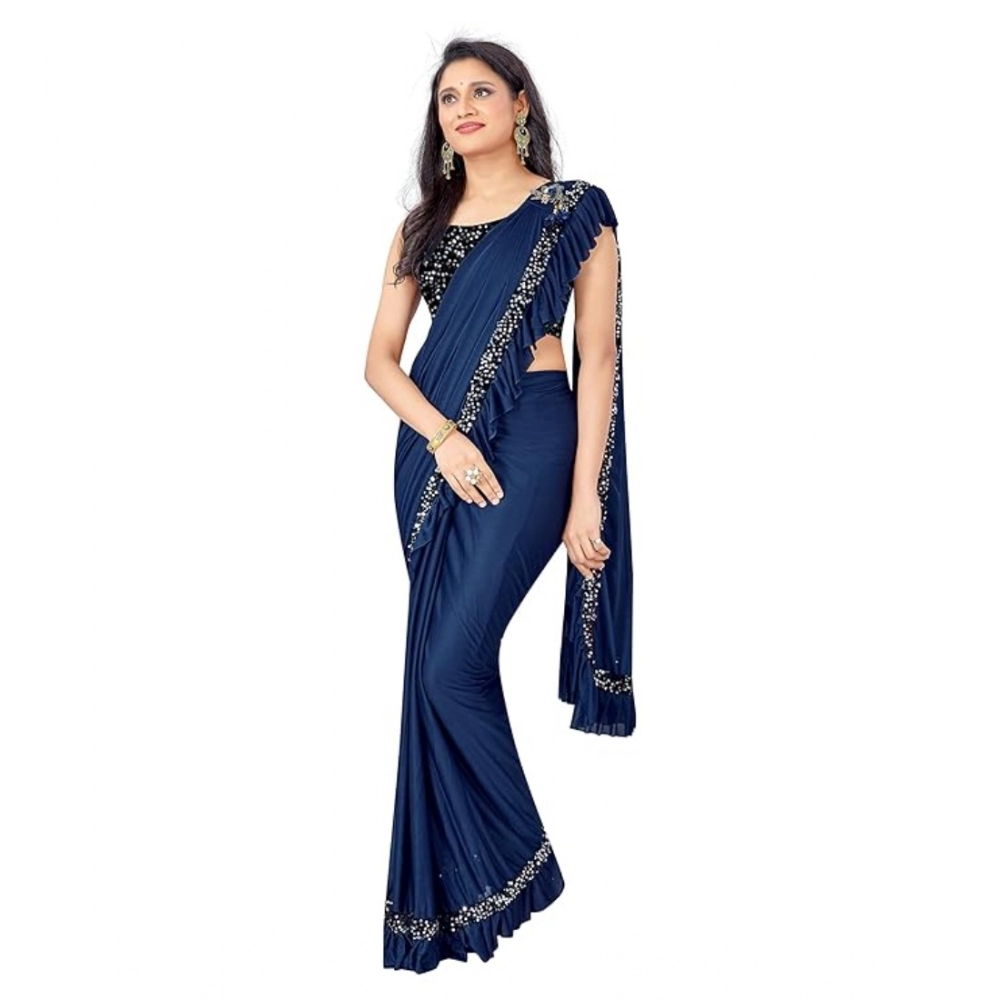 Generic Women's Lycra Solid Saree With Unstitched Blouse (Nay Blue, 5.5 Mtr) - Image 2