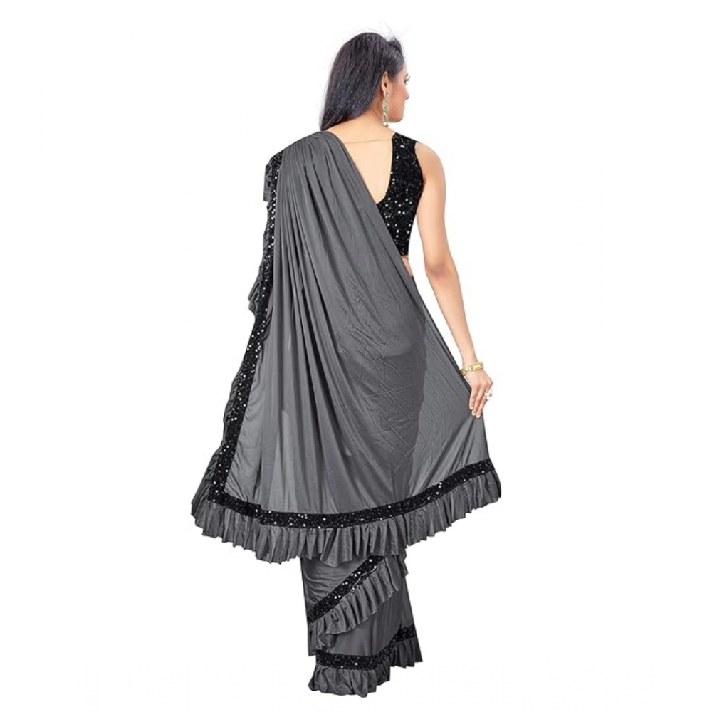 Generic Women's Lycra Solid Saree With Unstitched Blouse (Grey, 5.5 Mtr) - Image 2
