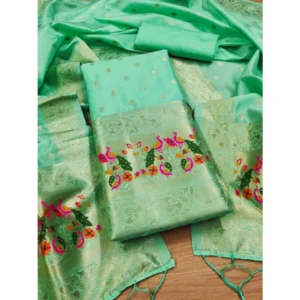 Generic Women's Banarasi Silk Printed Unstitched Salwar Suit Material With Dupatta (Seagreen, 3Mtrs)