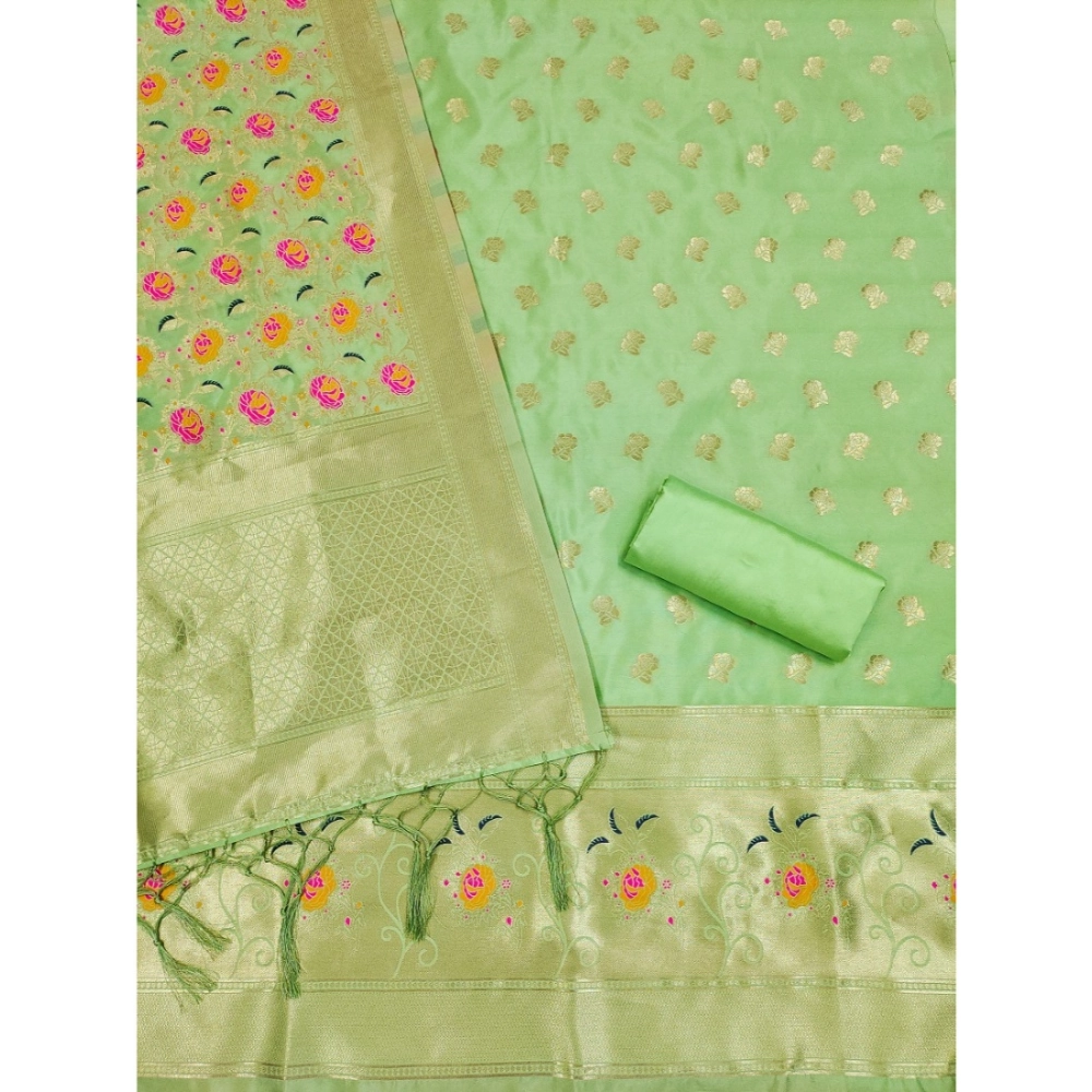 Generic Women's Banarasi Silk Printed Unstitched Salwar Suit Material With Dupatta (Pista, 3Mtrs) - Image 4