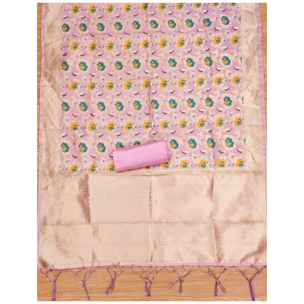 Generic Women's Banarasi Silk Printed Unstitched Salwar Suit Material With Dupatta (Pink, 3Mtrs) - Image 2