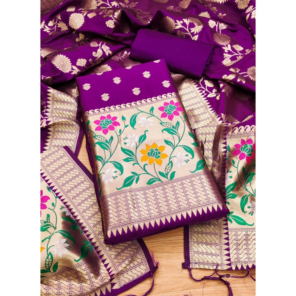 Generic Women's Banarasi Silk Printed Unstitched Salwar Suit Material With Dupatta (Purple, 3Mtrs) - Image 2