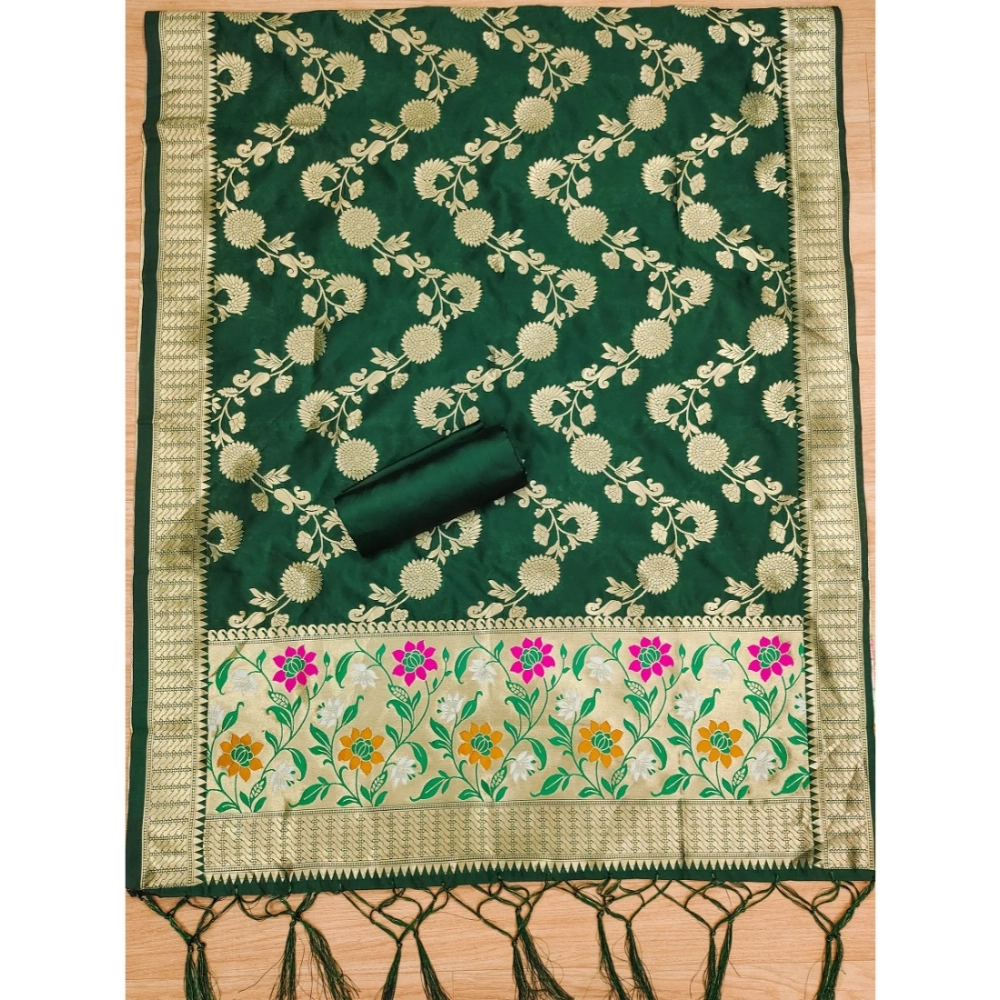 Generic Women's Banarasi Silk Printed Unstitched Salwar Suit Material With Dupatta (Green, 3Mtrs) - Image 2