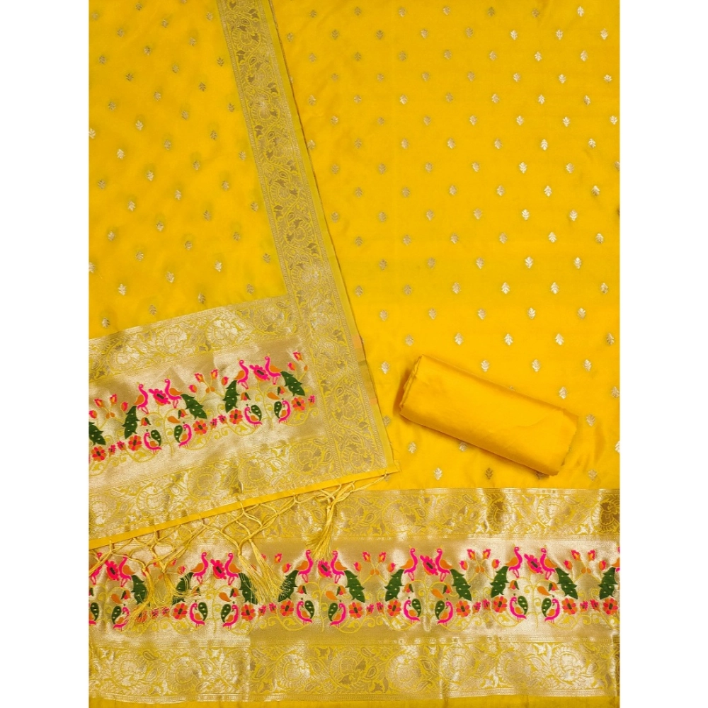 Generic Women's Banarasi Silk Printed Unstitched Salwar Suit Material With Dupatta (Yellow, 3Mtrs) - Image 4