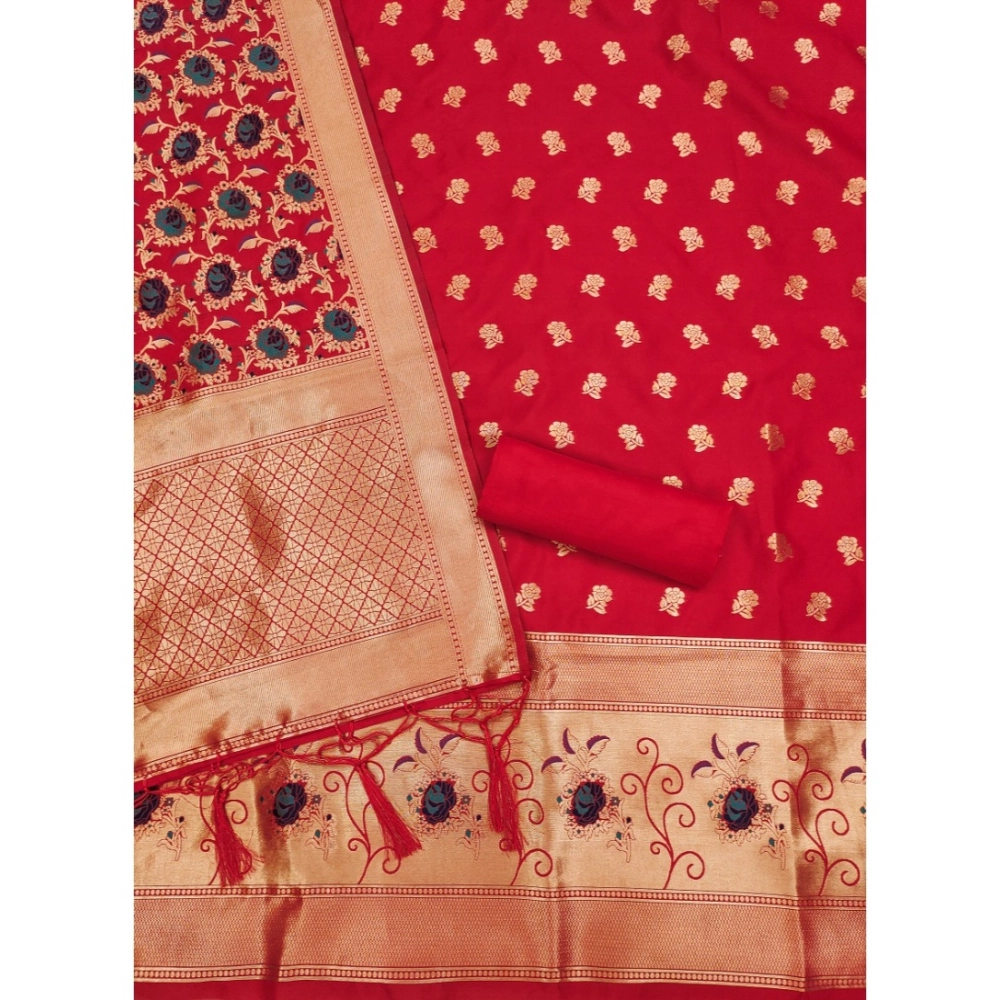 Generic Women's Banarasi Silk Printed Unstitched Salwar Suit Material With Dupatta (Red, 3Mtrs) - Image 4
