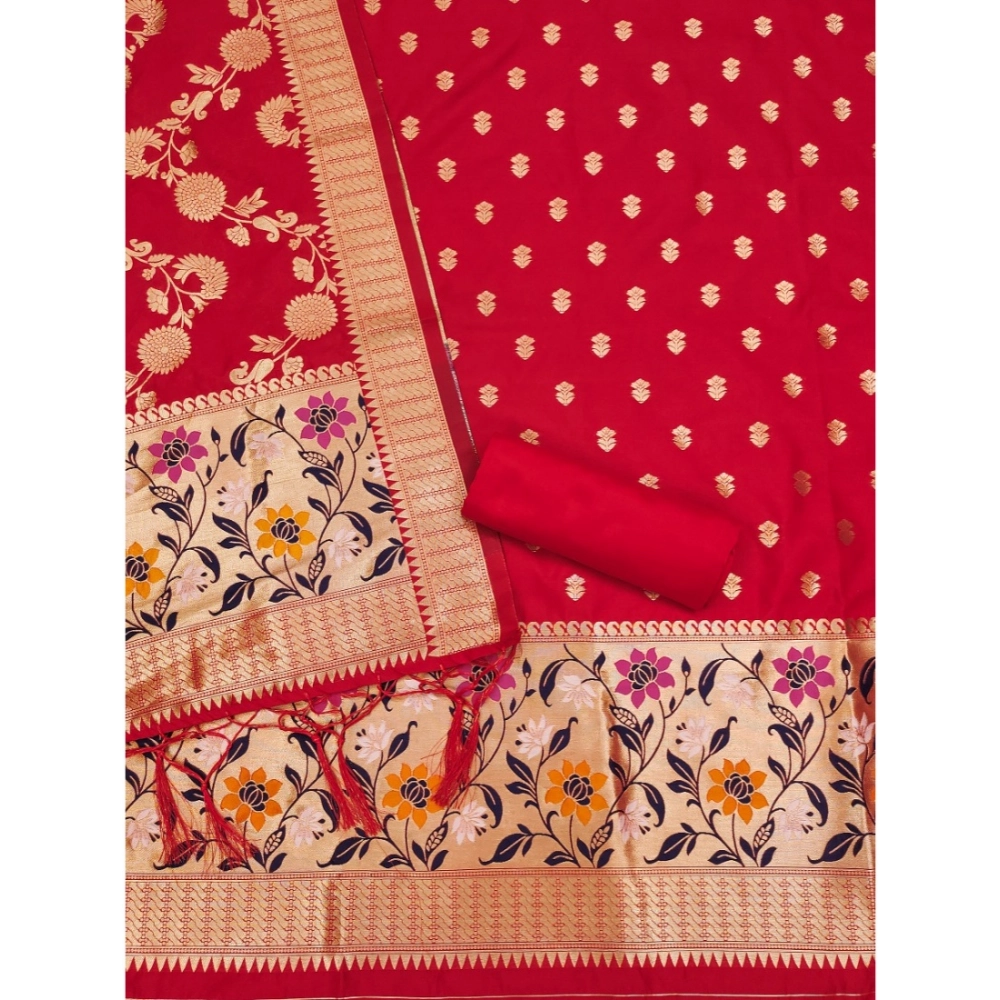 Generic Women's Banarasi Silk Printed Unstitched Salwar Suit Material With Dupatta (Red, 3Mtrs) - Image 4