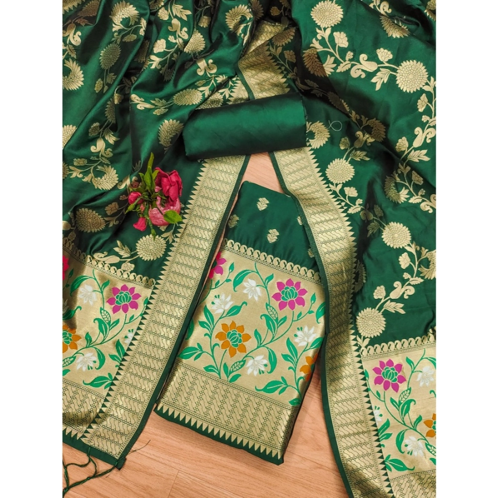 Generic Women's Banarasi Silk Printed Unstitched Salwar Suit Material With Dupatta (Green, 3Mtrs) - Image 4