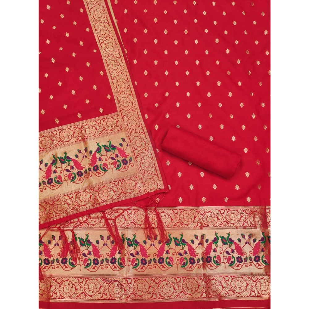 Generic Women's Banarasi Silk Printed Unstitched Salwar Suit Material With Dupatta (Red, 3Mtrs) - Image 4