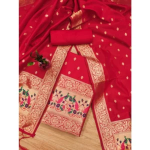 Generic Women's Banarasi Silk Printed Unstitched Salwar Suit Material With Dupatta (Red, 3Mtrs)