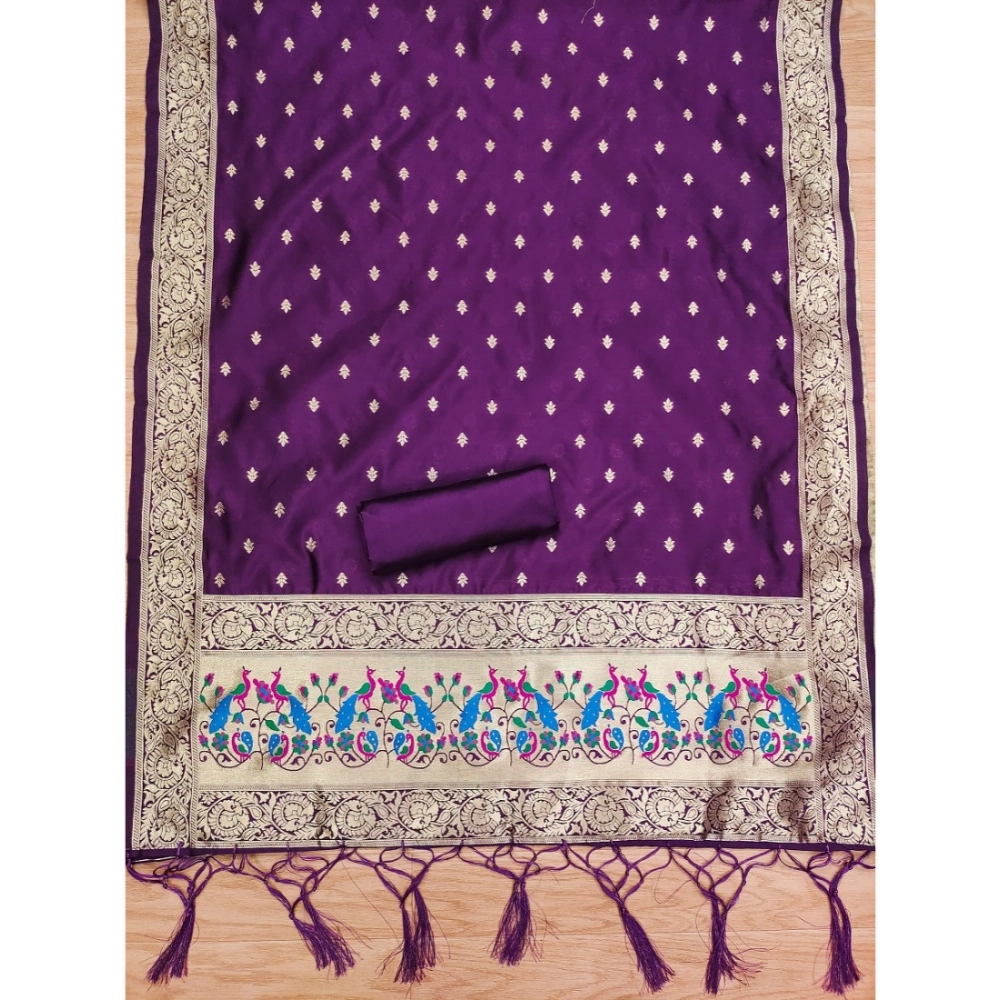 Generic Women's Banarasi Silk Printed Unstitched Salwar Suit Material With Dupatta (Purple, 3Mtrs) - Image 4