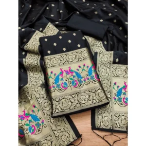 Generic Women's Banarasi Silk Printed Unstitched Salwar Suit Material With Dupatta (Black, 3Mtrs)
