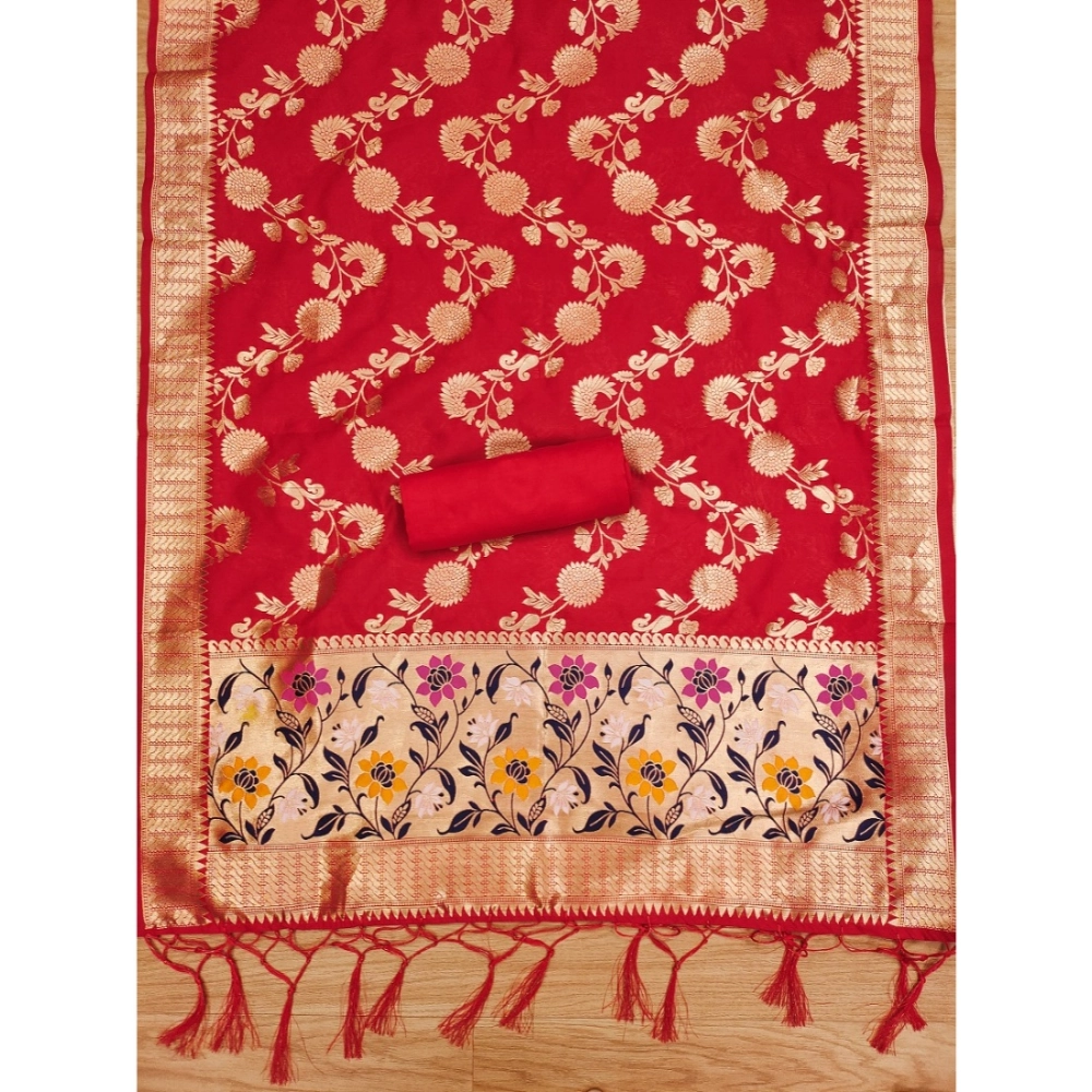 Generic Women's Banarasi Silk Printed Unstitched Salwar Suit Material With Dupatta (Red, 3Mtrs) - Image 2