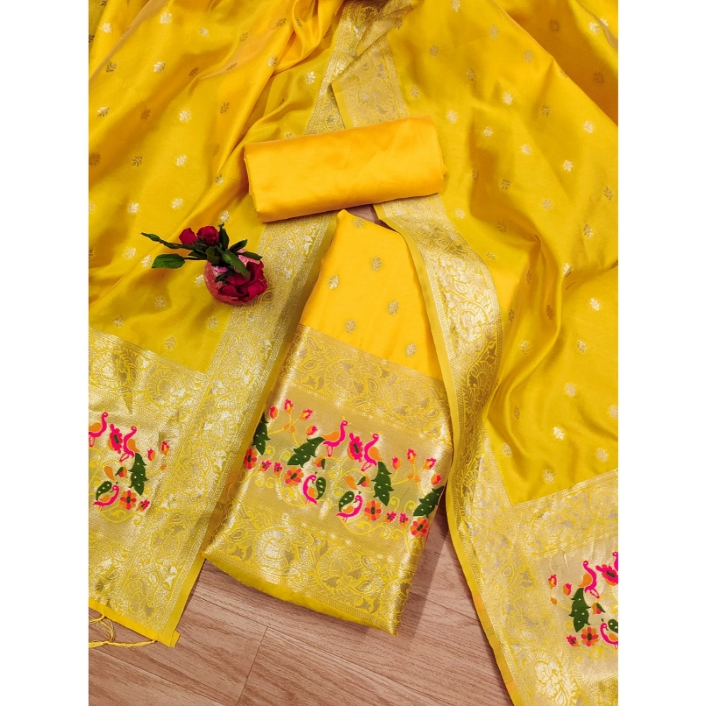 Generic Women's Banarasi Silk Printed Unstitched Salwar Suit Material With Dupatta (Yellow, 3Mtrs) - Image 2