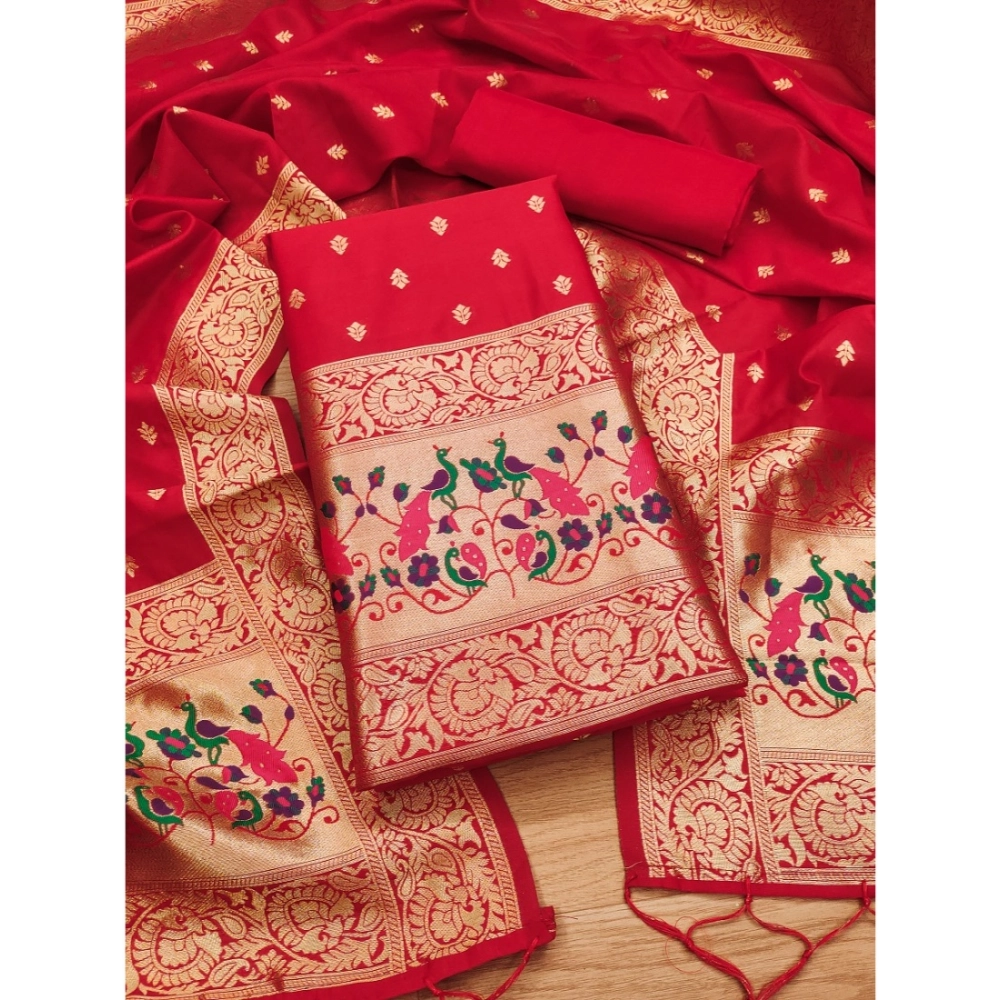 Generic Women's Banarasi Silk Printed Unstitched Salwar Suit Material With Dupatta (Red, 3Mtrs) - Image 2