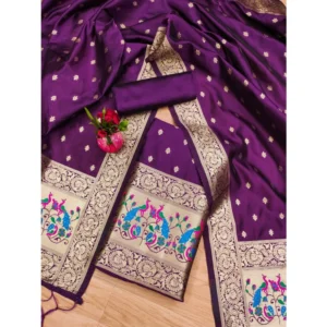 Generic Women's Banarasi Silk Printed Unstitched Salwar Suit Material With Dupatta (Purple, 3Mtrs)