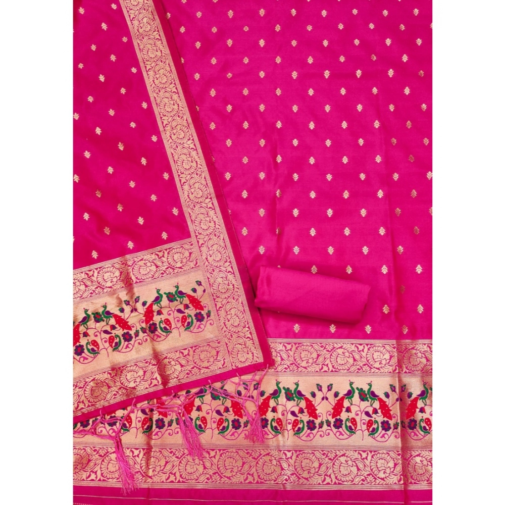 Generic Women's Banarasi Silk Printed Unstitched Salwar Suit Material With Dupatta (Pink, 3Mtrs) - Image 4