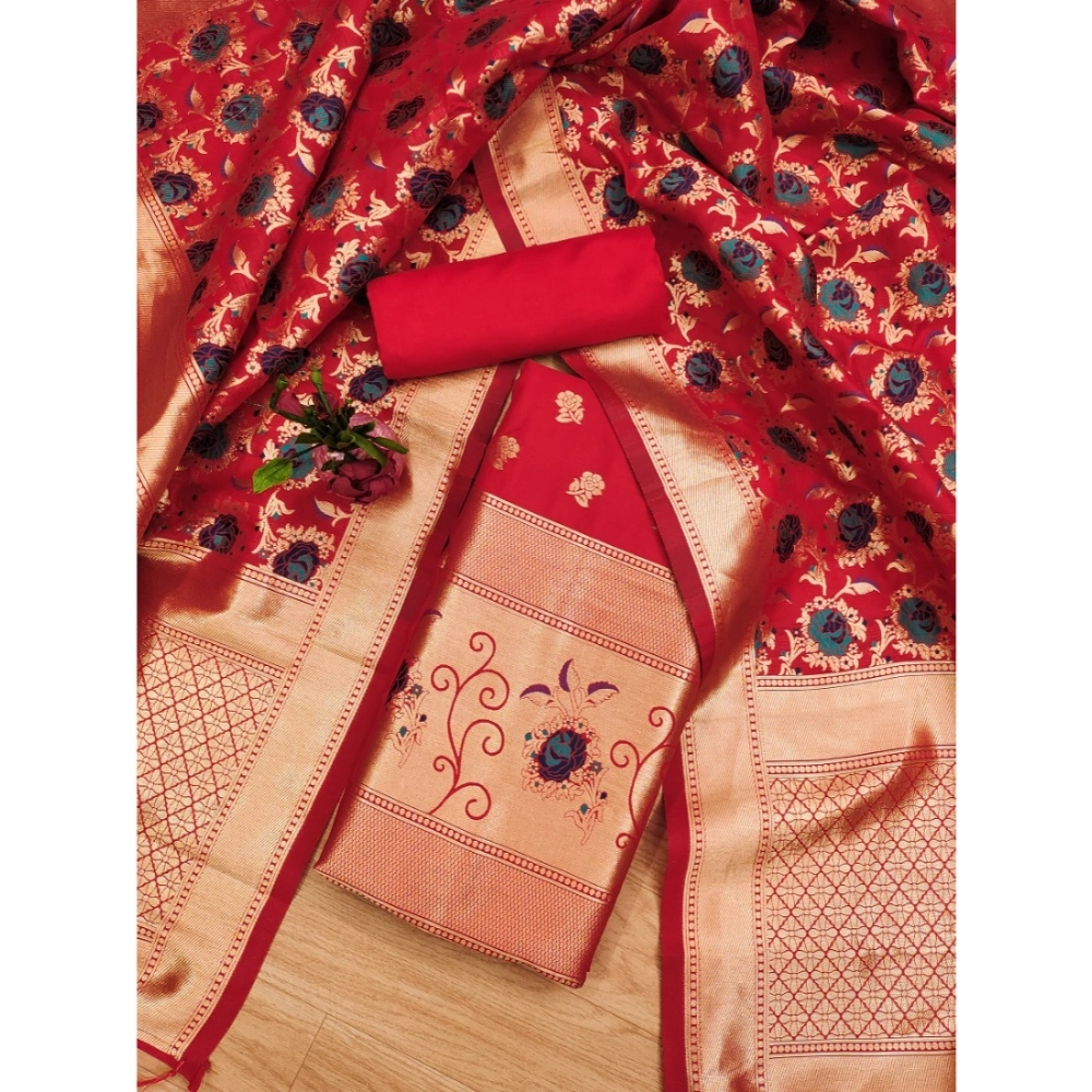Generic Women's Banarasi Silk Printed Unstitched Salwar Suit Material With Dupatta (Red, 3Mtrs) - Image 2