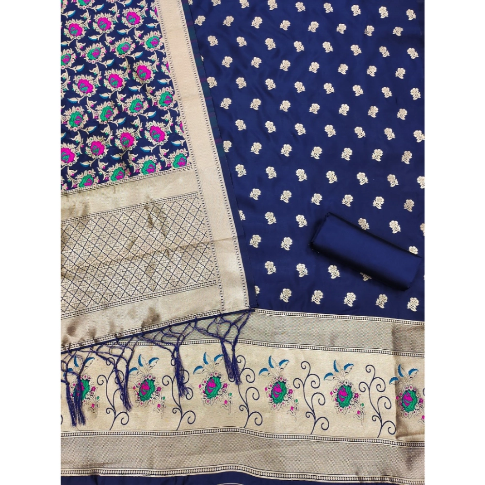 Generic Women's Banarasi Silk Printed Unstitched Salwar Suit Material With Dupatta (Navy Blue, 3Mtrs) - Image 4