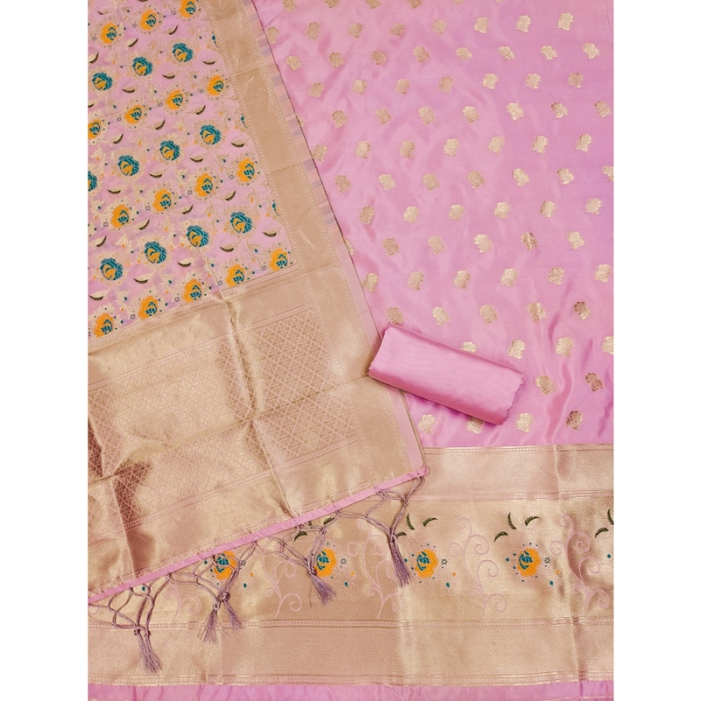 Generic Women's Banarasi Silk Printed Unstitched Salwar Suit Material With Dupatta (Pink, 3Mtrs) - Image 4