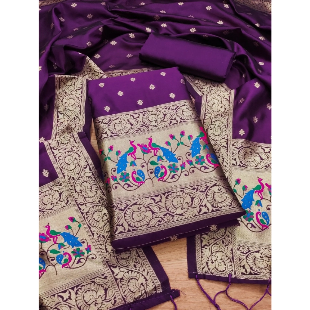 Generic Women's Banarasi Silk Printed Unstitched Salwar Suit Material With Dupatta (Purple, 3Mtrs) - Image 2