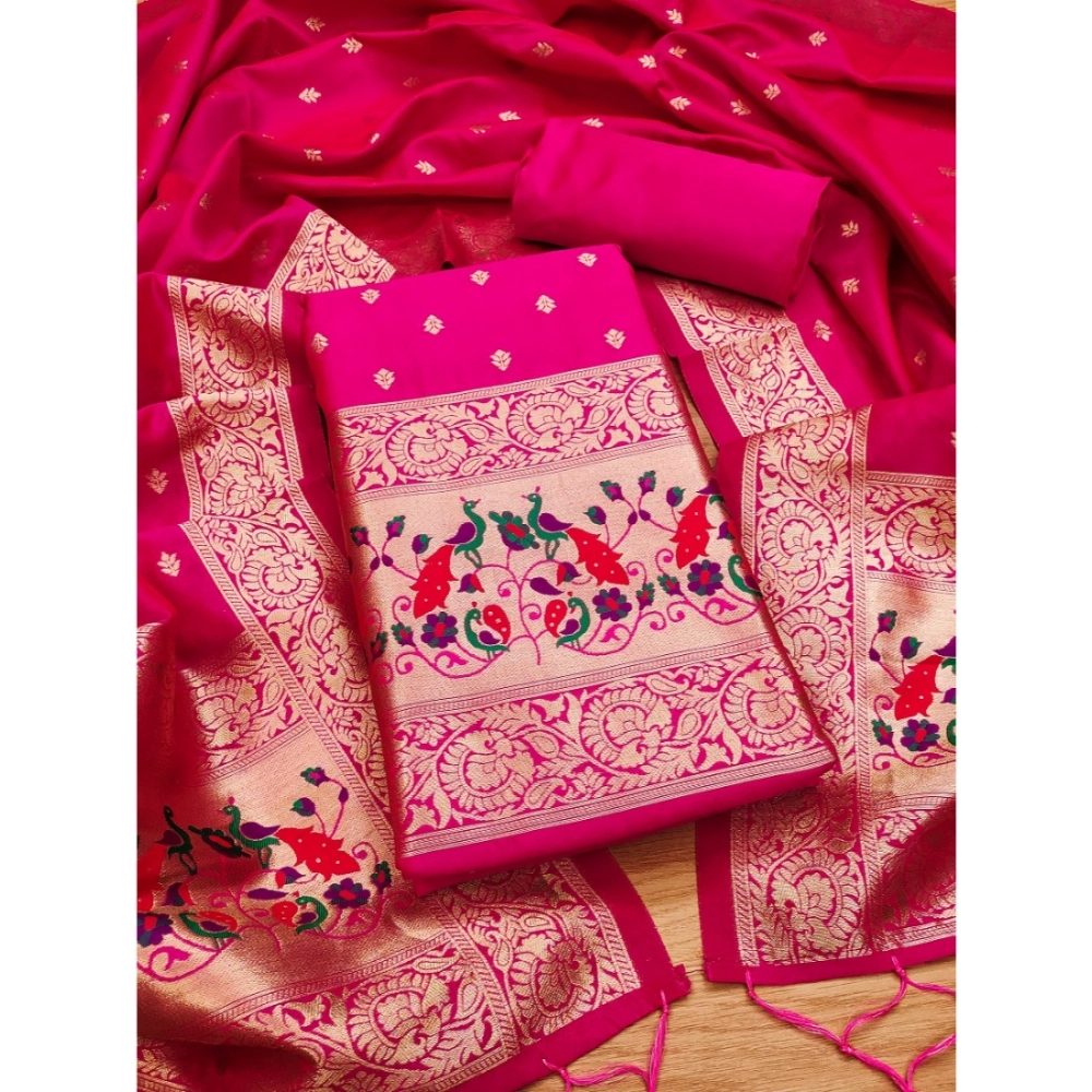 Generic Women's Banarasi Silk Printed Unstitched Salwar Suit Material With Dupatta (Pink, 3Mtrs) - Image 2