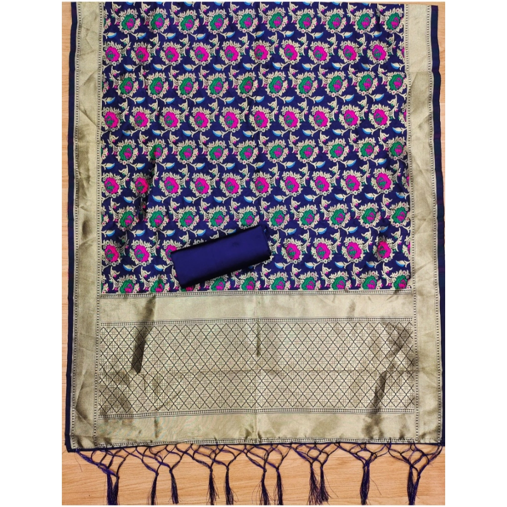 Generic Women's Banarasi Silk Printed Unstitched Salwar Suit Material With Dupatta (Navy Blue, 3Mtrs) - Image 3