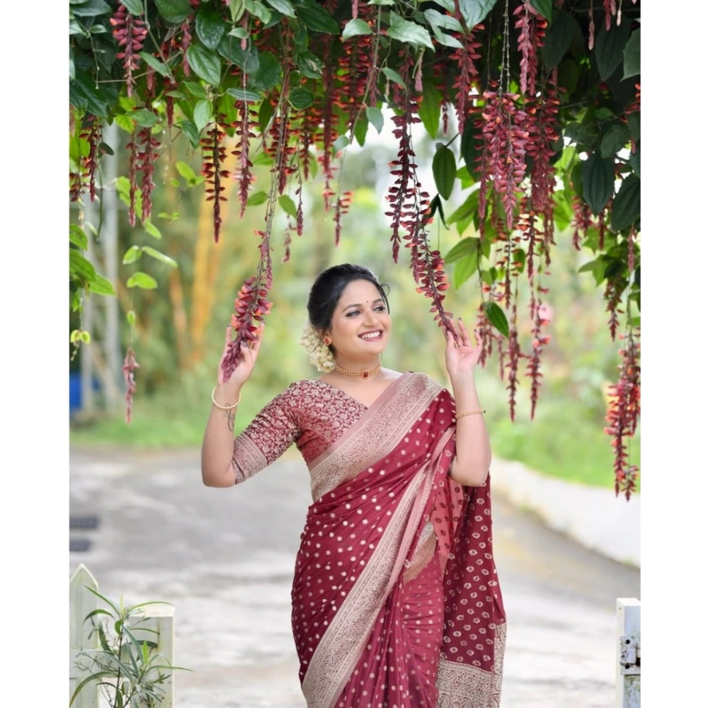 Generic Women's Silk Printed Saree With Unstitched Blouse 5.5Mtr (Maroon) - Image 2